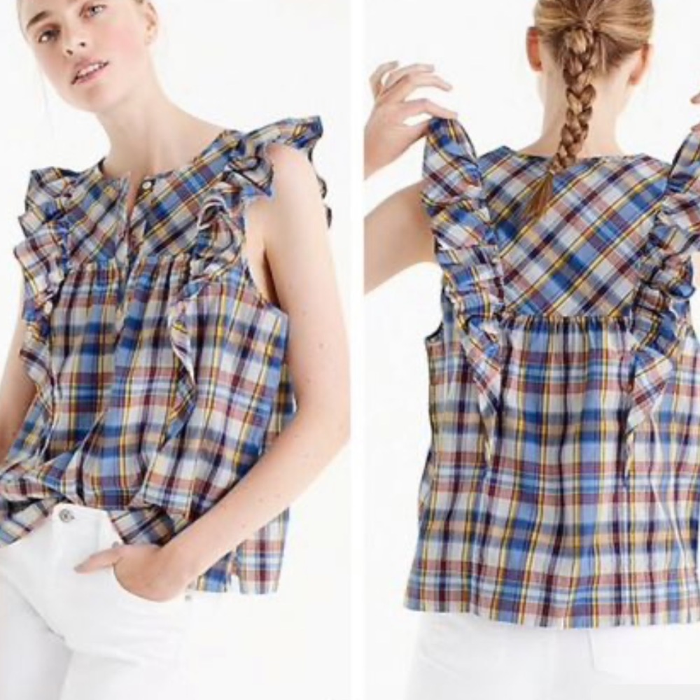 J. crew vintage-plaid top with ruffles 0 petite